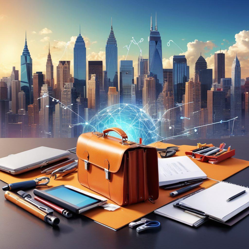A dynamic illustration of a path leading upwards, symbolizing career advancement, flanked by various tools and strategies like a briefcase, laptop, and books. Include symbols of networking like hands shaking and connecting dots. The background should depict a city skyline representing job opportunities. Bright and inspiring colors to evoke motivation and success. super-realistic. vibrant colors.