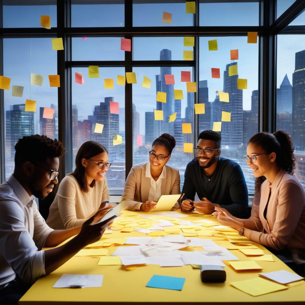 A diverse group of professionals engaged in a lively brainstorming session, surrounded by sticky notes and digital devices. In the background, a large window showcasing a vibrant cityscape symbolizes opportunity and growth. Individuals are collaborating, with expressions of excitement and determination, while a glowing light bulb icon hovers above them, representing ideas and skill development. The composition emphasizes diversity and teamwork in a modern workspace. vibrant colors. super-realistic. high detail.