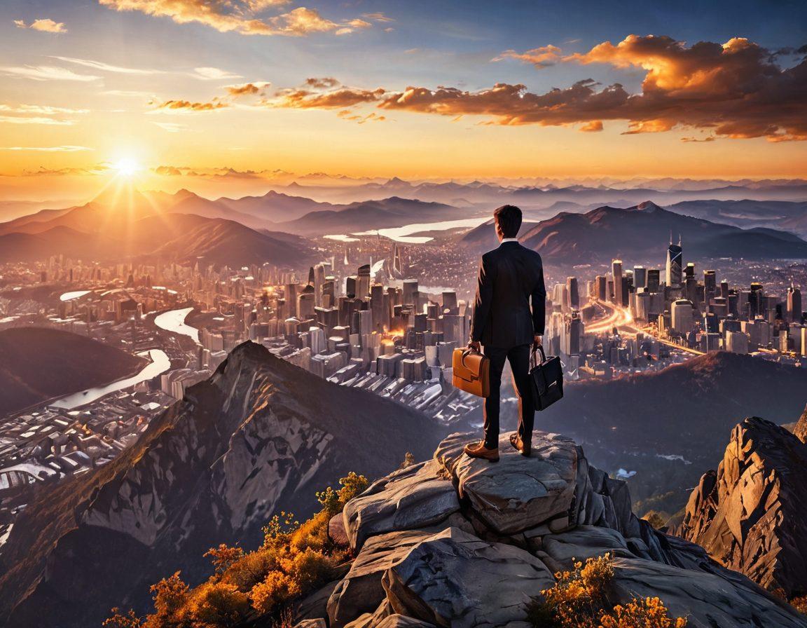 A confident professional standing on top of a mountain peak, overlooking a sprawling cityscape symbolizing career advancement. The sun is rising in the background, casting golden light on a winding path leading to various job opportunities represented by glowing markers. Include elements like a laptop and briefcase nearby to highlight job searching. The scene evokes a sense of determination and inspiration. vibrant colors. super-realistic.